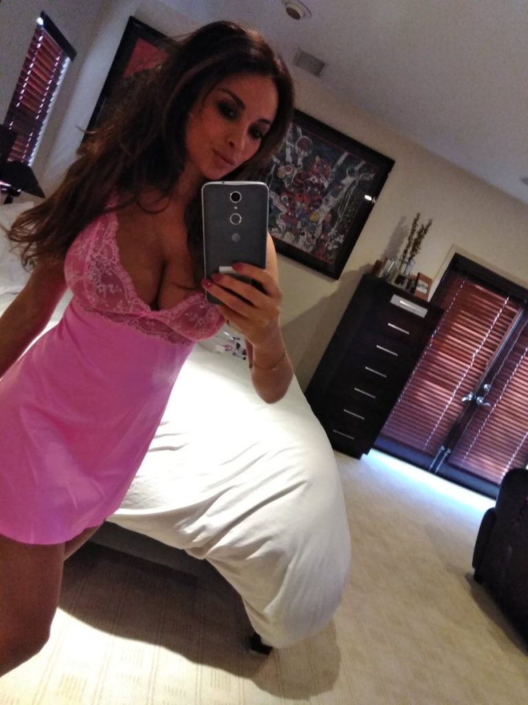 pornstar Anissa Kate in pink lingerie taking selfie